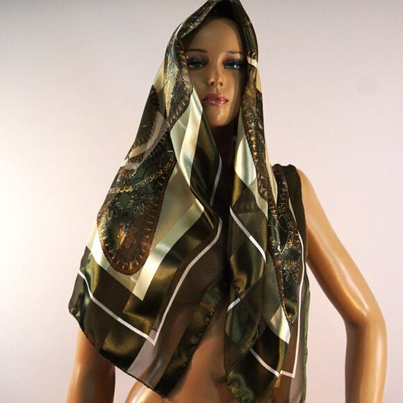 Fashion BanDo Womens Scarf Geometric Floral 40 x 40 Square Green Brown - Picture 7 of 11